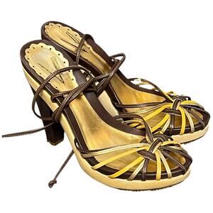 Vince Camuto Leather Lace Up Platform Heels Brown Yellow Womens 7.5B EU 37.5